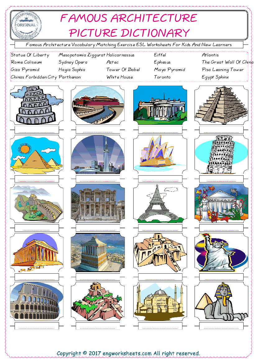  Famous Architecture for Kids ESL Word Matching English Exercise Worksheet. 